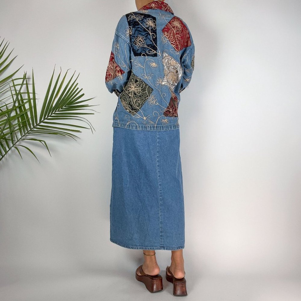 Vintage 90s Boho Patchwork Denim Oversized Jean Jacket / Size: Medium - Picture 2 of 7